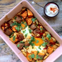 Sweet potato & butterbean traybake